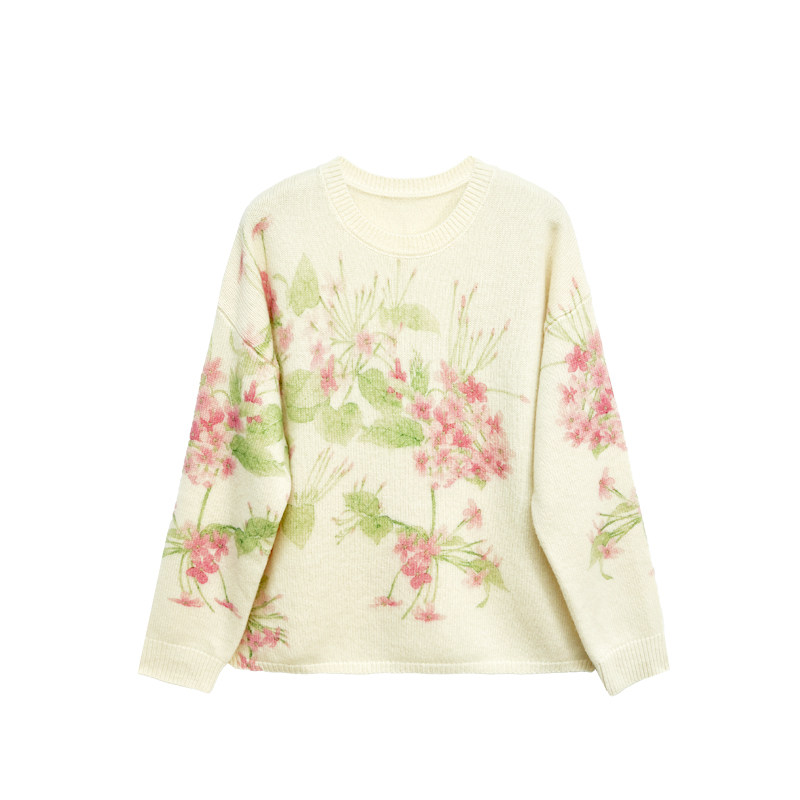 【橙庐】112520原创艺术家万芾联名使君子印花圆领落肩绵羊毛衫女