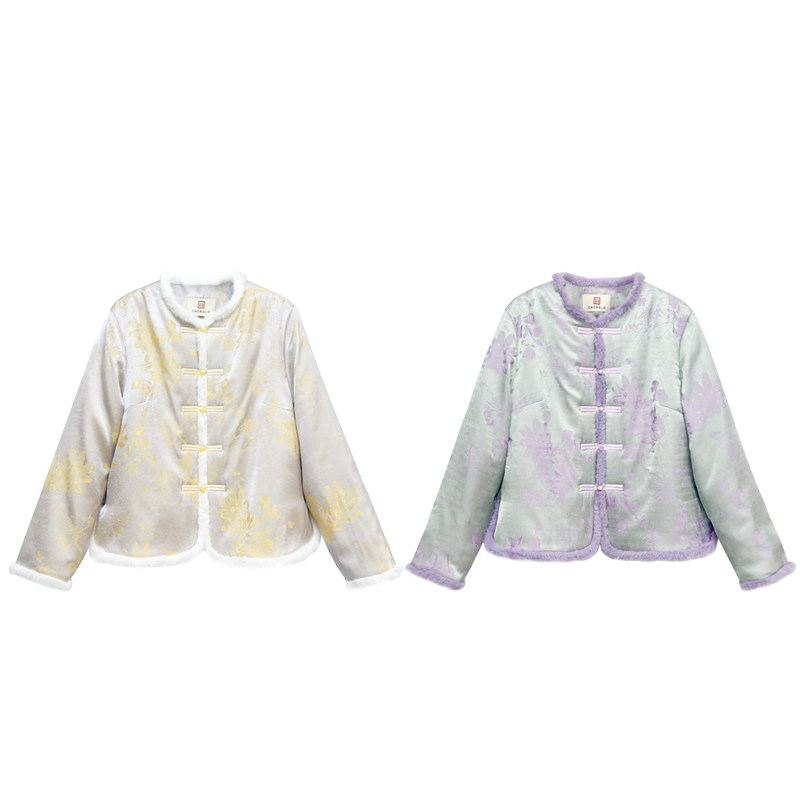 【橙庐】513506原创新中式蝶恋花提花毛领夹毛棉服 秋冬女中国风