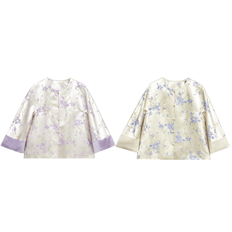 【橙庐】443003原创新中式藤蔓紫娇提花丝麻棉外套 春秋女中国风