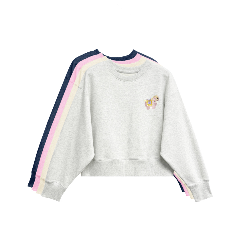 原创三彩萌马刺绣纯棉短款卫衣