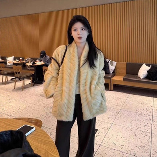 中长款V领金叶貂大衣高级感冬新款韩版仿水貂毛绒宽松皮草外套女