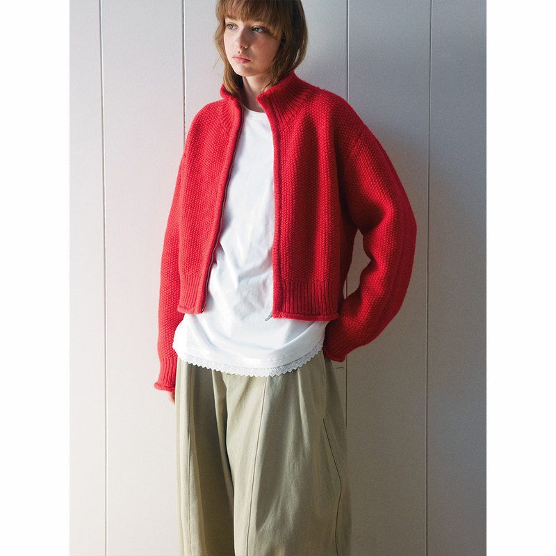 HELLO SEPTEMBER 秋季款休闲立领纯色截短全羊毛肌理毛织开衫外套