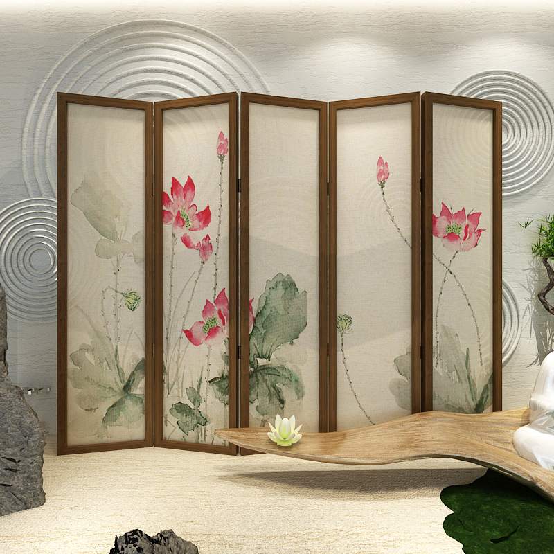 新中式古典屏风隔断客厅移动入户折叠遮挡茶室装饰办公室荷花折屏