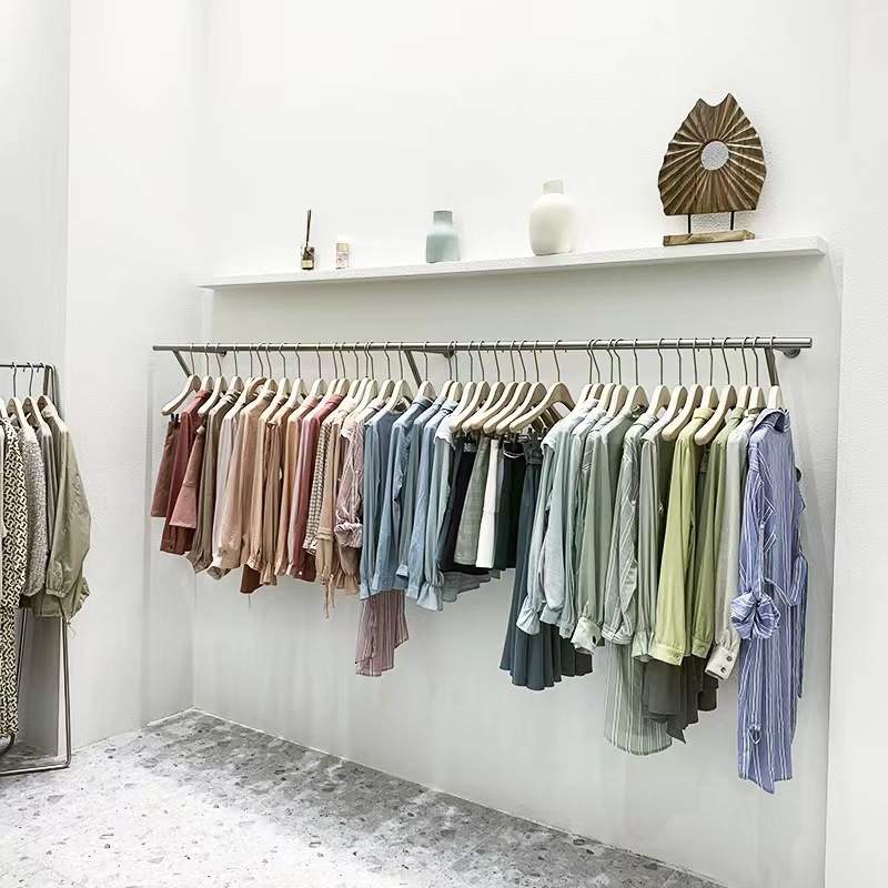 服装店展示架上墙不锈钢拉丝银陈列货架女装童装店挂衣架侧挂衣杆