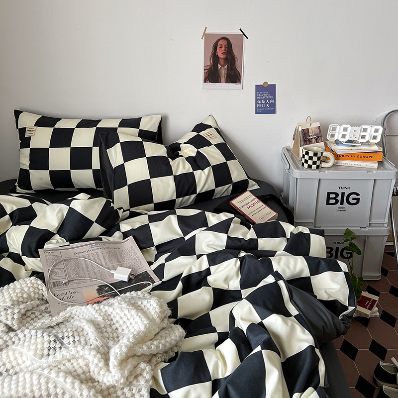 黑白~棋盘格四件套水洗棉1.8床上用品被套单双大学生宿舍三件套