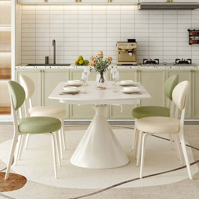 小户型奶油风岩板旋转伸缩餐桌椅纯白色家用折叠华尔兹可变圆桌子