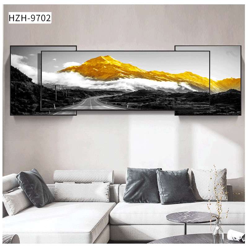 背靠金山画中画大气客厅装饰画商务酒店大厅壁画三联晶瓷叠加画图片