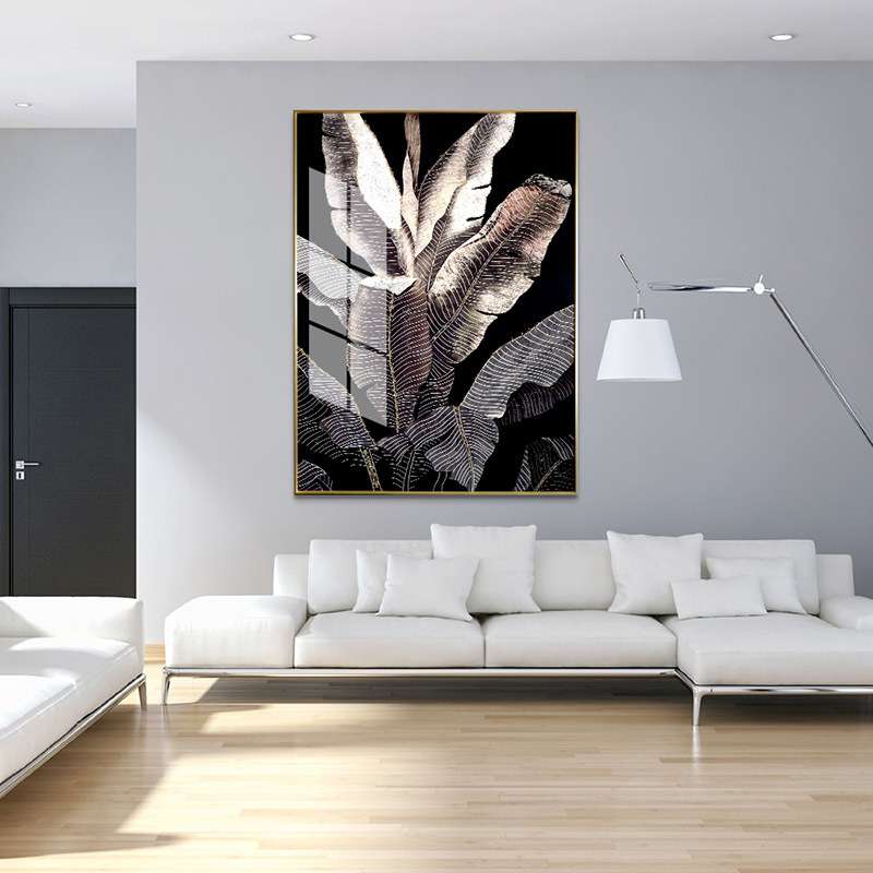 珐琅彩装饰画镶钻芭蕉叶入户玄关挂画创意酒店别墅晶瓷玻璃画定制图片