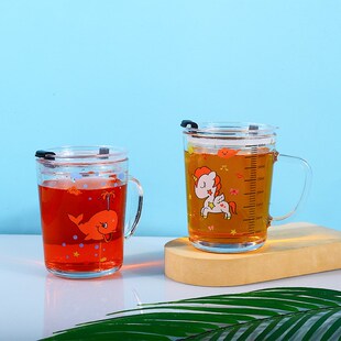 玻璃水杯家用带刻度宝宝牛奶杯带盖儿童创意P吸管杯带把手早餐杯