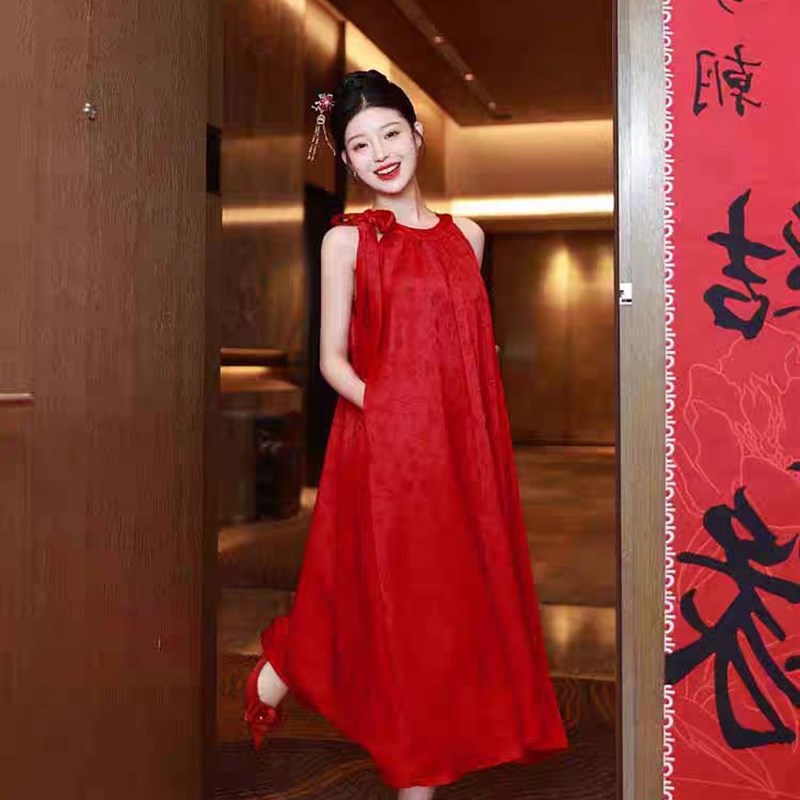 现货新中式挂脖晨袍孕妇红色敬酒服新娘结婚订婚礼服晨拍连衣裙