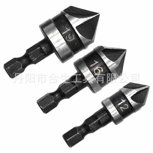 碳钢90度六角柄五刃倒角器三件套12mm19黑色锪钻木工开孔器