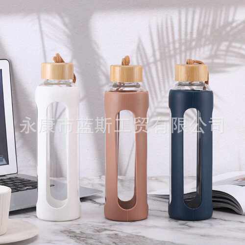 新款镂空硅胶套竹盖玻璃水杯550ml小口耐热高硼硅单层玻璃杯子批