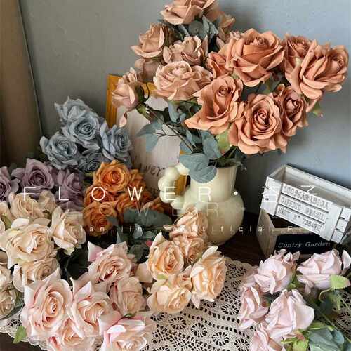 9头玫瑰花仿真花磨毛布小角玫摄影手捧道具花家居婚礼布置花花墙