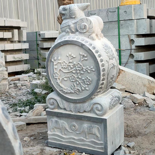 别墅门口石狮子守门动物石雕摆件仿古做旧抱鼓石 复古雕花抱鼓石