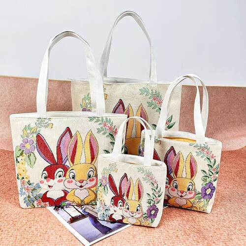 卡通兔子包包女帆布双面金丝提花刺绣学生补习包妈咪包亲子单肩包