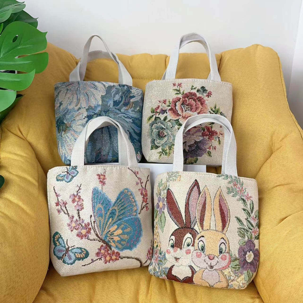 新款帆布包双面金丝提花绣手拎包迷你可爱手机包便携百搭手提小包