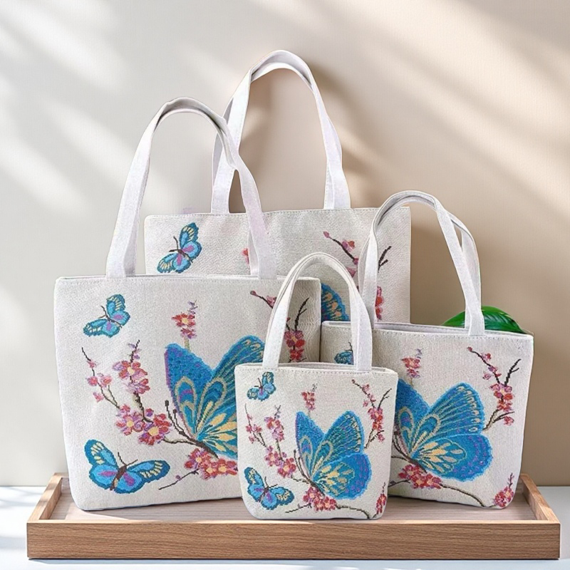 双面金丝蝴蝶手提帆布小包耐磨耐脏时尚百搭款刺绣带拉链手拎外出