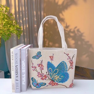 刺绣带拉链手拎外出小拎包 百搭款 双面金丝刺绣新款 手提帆布包时尚