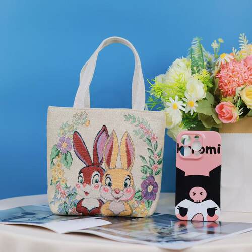 新款帆布包双面金丝提花绣手拎包迷你可爱手机包便携百搭手提小包