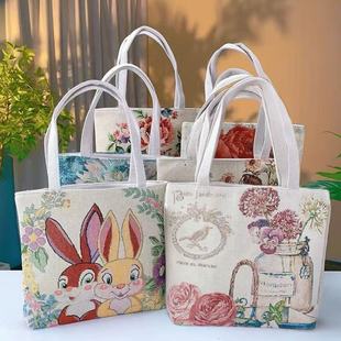 双面金丝手提帆布小包耐磨耐脏时尚 刺绣带拉链手拎外出 百搭款