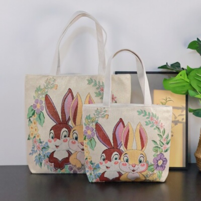 新款帆布包双面金丝刺绣可爱兔子手提帆布包上班外出单肩包耐用