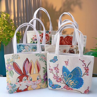 双面刺绣新款 帆布包手提包手拎外出百搭化妆包手机包上班小拎包