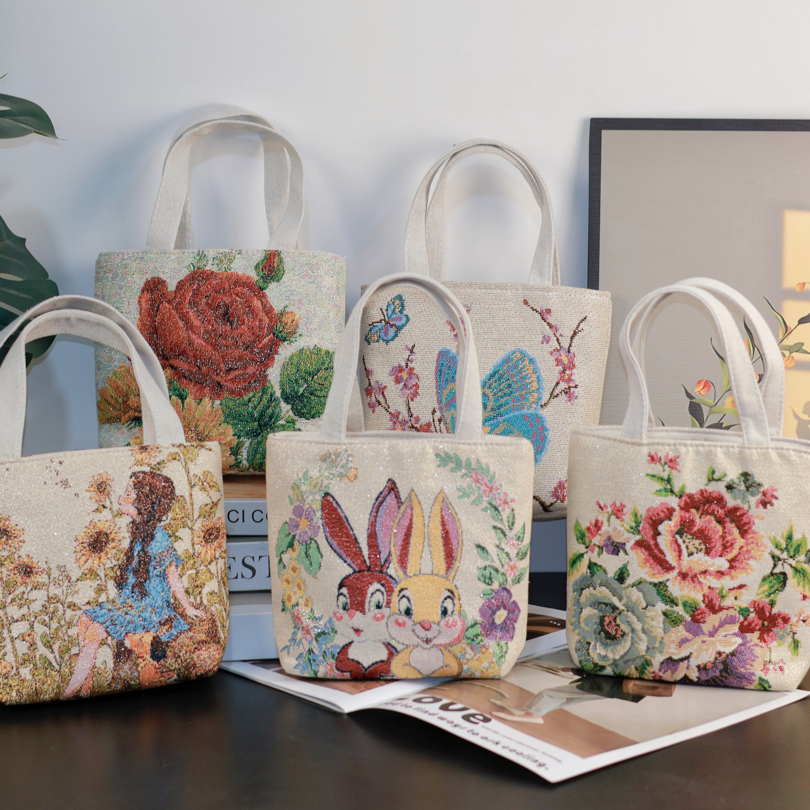 新款帆布包百搭双面金丝刺绣手拎包手提帆布包上班外出随身包耐用