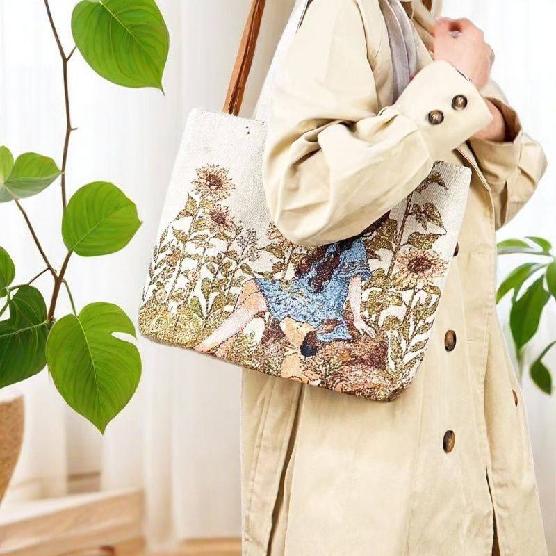 新款可爱双面刺绣帆布包双面提花加厚拉链手提包手拎外出单肩包