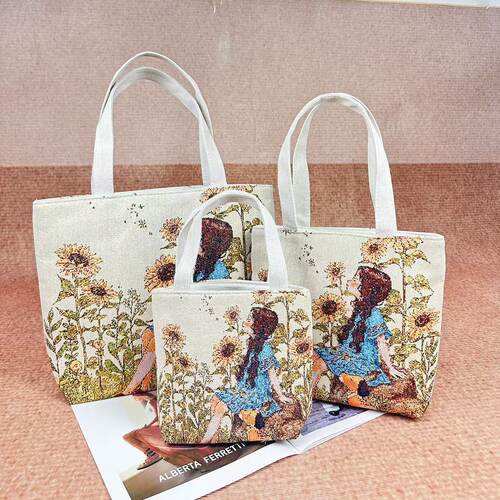 双面金丝提花刺绣帆布包学生补习包单肩包清新百搭潮大容量妈咪包