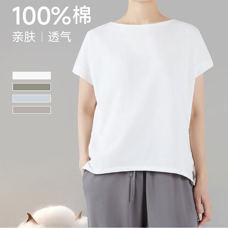鹿岛什物纪女式全棉短袖t恤显瘦圆领简约连肩袖下摆开衩 WFF20002图片