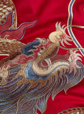 婚新100HFTS长绒棉精美刺绣婚庆四多件套全棉凤被套大龙红嫁床上