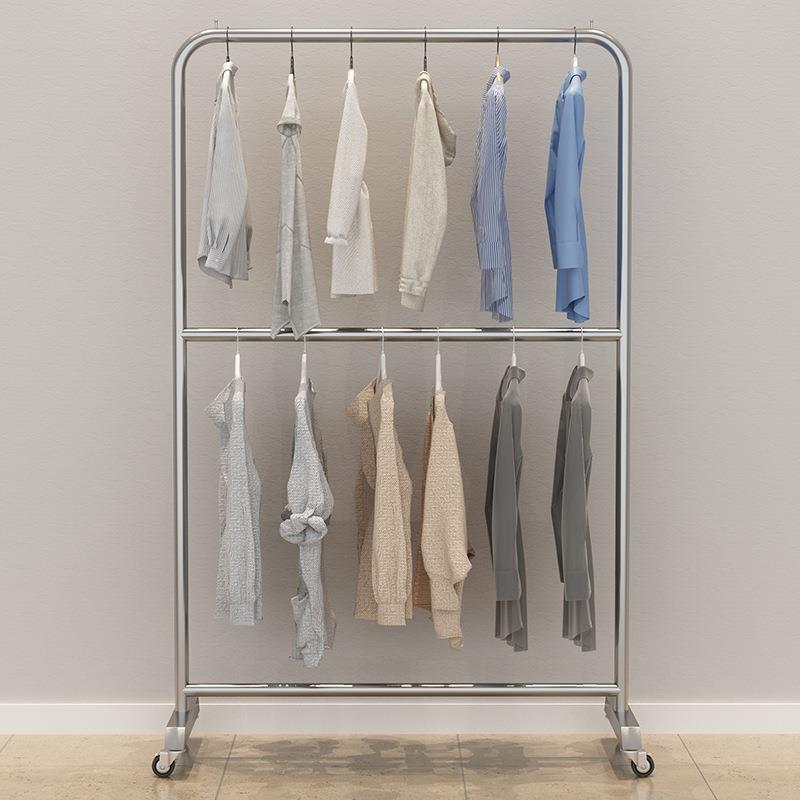 不锈女钢店带OSH轮子服装店展层示架落地直播间专用双挂衣架童装