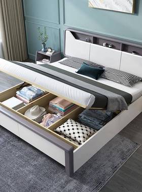 白色8木床1.米ZFT主双人床实现代简约1.5m卧家用经济型储物高箱婚