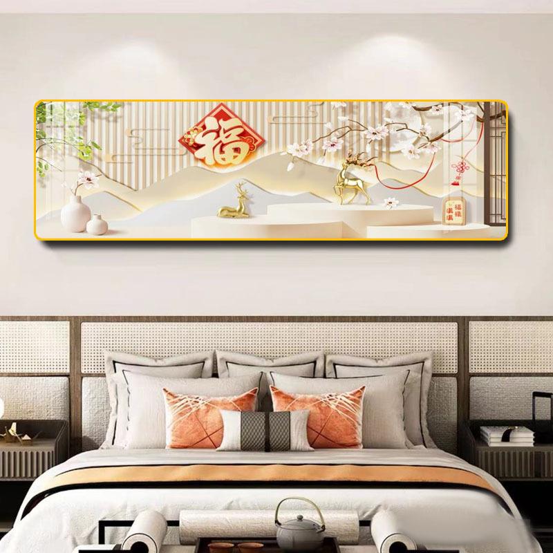 中式山水墨挂画舟现新简约客厅酒REH代店卧室床头横版黑白装饰画