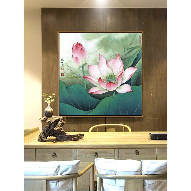 荷花图装饰画正方形挂画新中式客厅餐厅书房莲花卫生间净秽图壁画图片