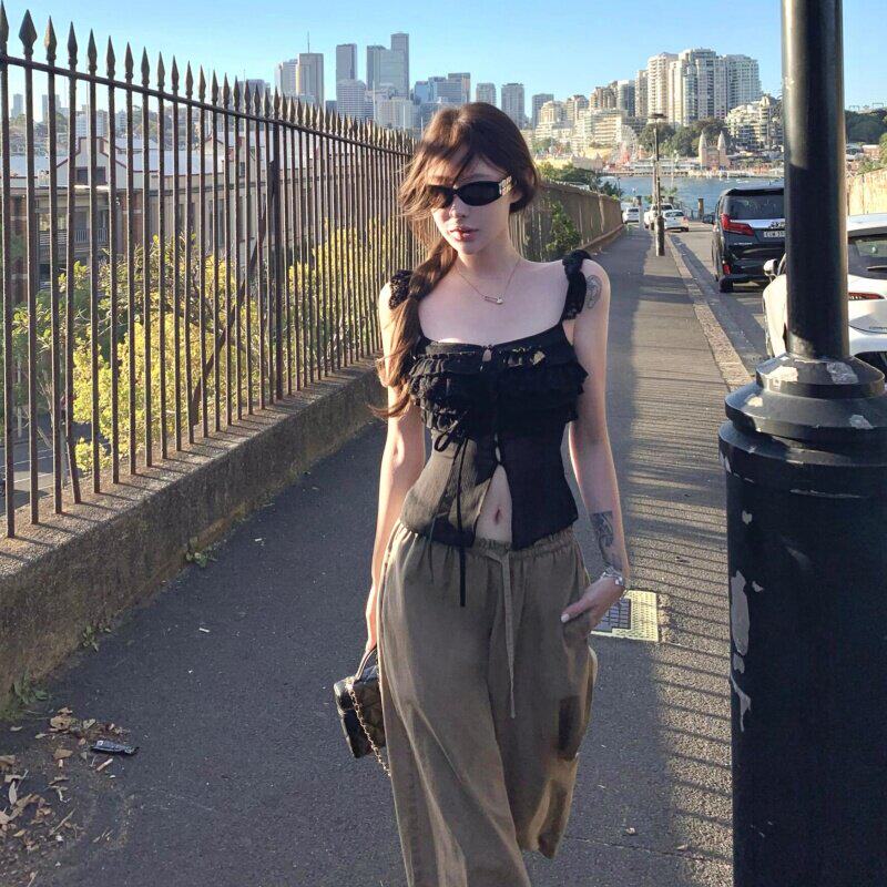 夏日ootd穿搭一整套韩系甜辣蕾丝花边收腰吊带背心宽松直筒阔腿裤