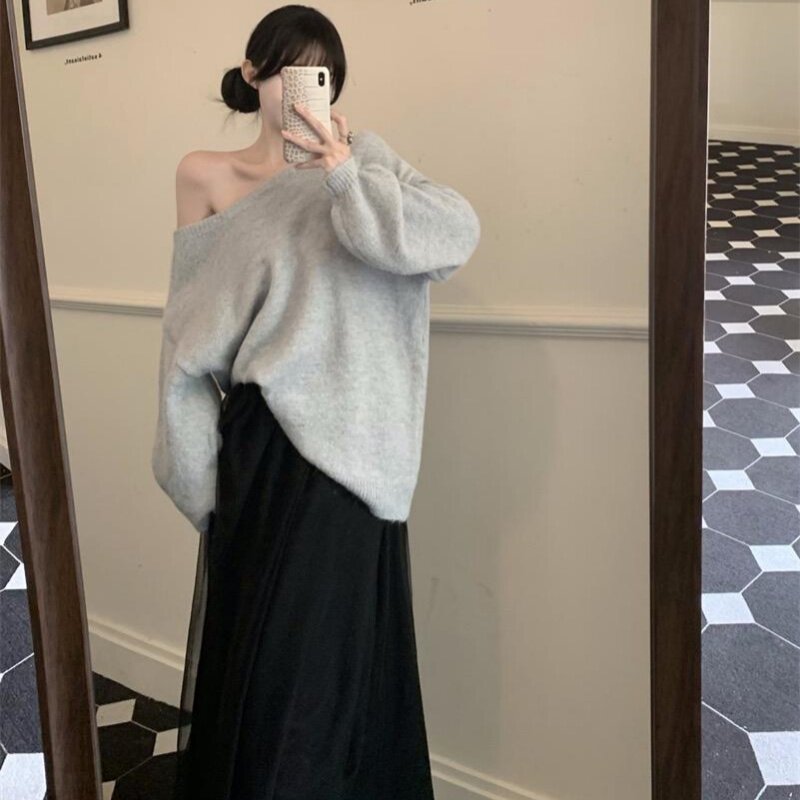 氛围感露背蝴蝶结针织毛衣女初春新款慵懒风宽松显瘦软糯套头上衣