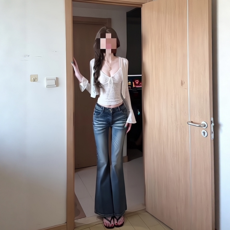 春季法式气质蕾丝吊带背心短款外套微喇叭牛仔裤马蹄拖地裤三件套