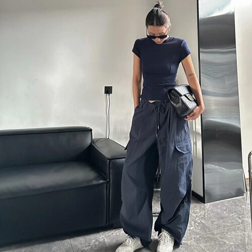 鼓鼓小妞美式复古蓝色短袖t恤女