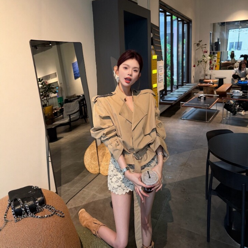 韩系复古短款夹克风衣外套女夏季新款高腰显瘦蕾丝半身裙两件套装