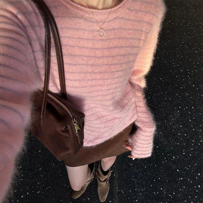 韩系复古时尚宽松显瘦百搭条纹针织毛衣女高腰休闲半身裙两件套装