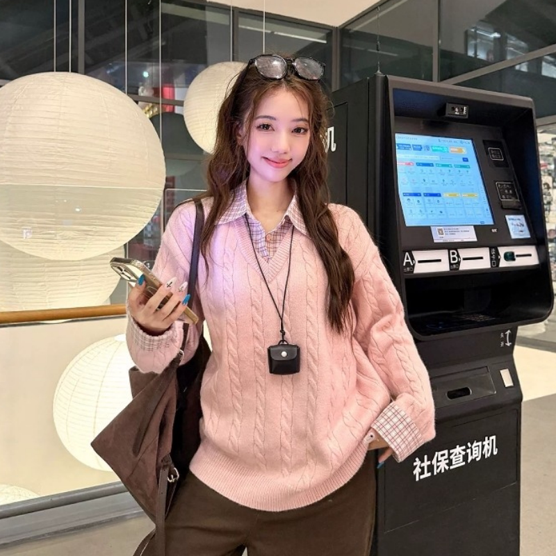 韩系慵懒风粉色假两件麻花针织衫上衣女冬季休闲宽松翻领套头毛衣