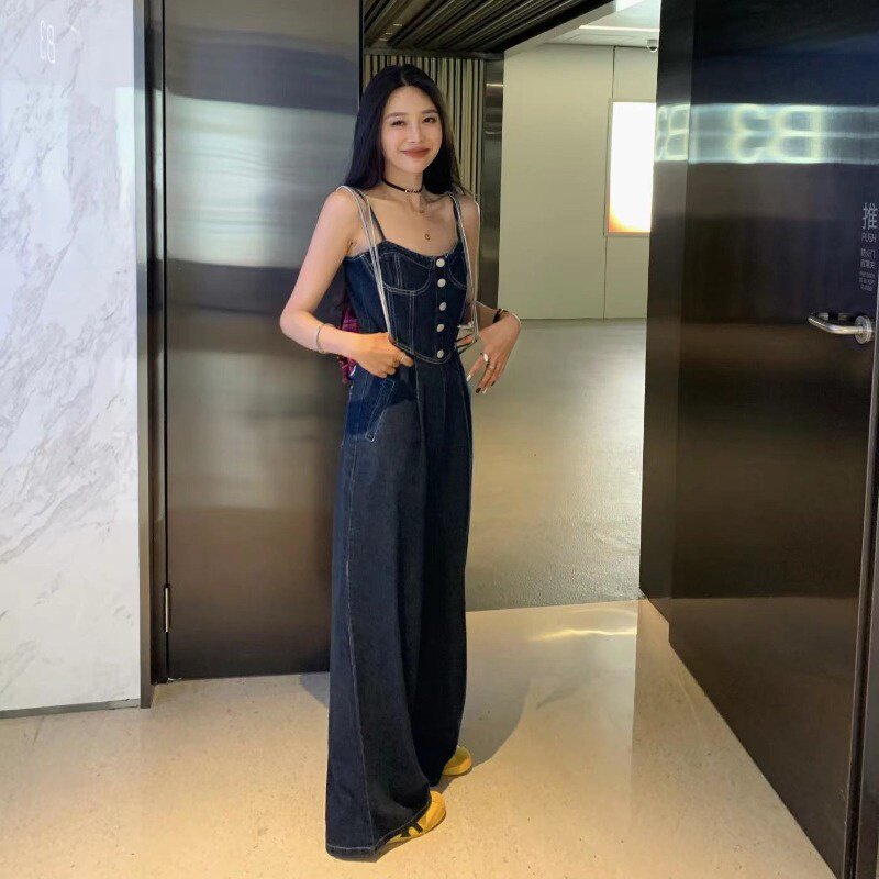 2026夏季新款韩版时尚百搭显瘦牛仔吊带连体裤女设计感小众背带裤