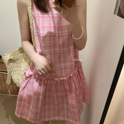 Pale Seoul-少女怎么搭都好看的格纹背心裙连衣裙(不含项链)26278