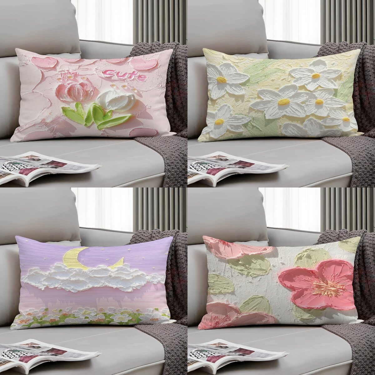 网红ins风少女心油画抱枕长方形靠垫沙发午睡护腰垫可拆洗枕套