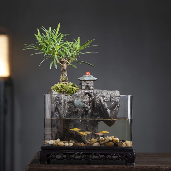 小型植物鱼缸造景假山罗汉松客厅流水摆件循环水景观创意家居饰品