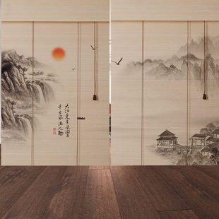 饰隔断定制中式 印花系列装 山水茶室遮光背景竹帘卷帘玄关意境窗帘
