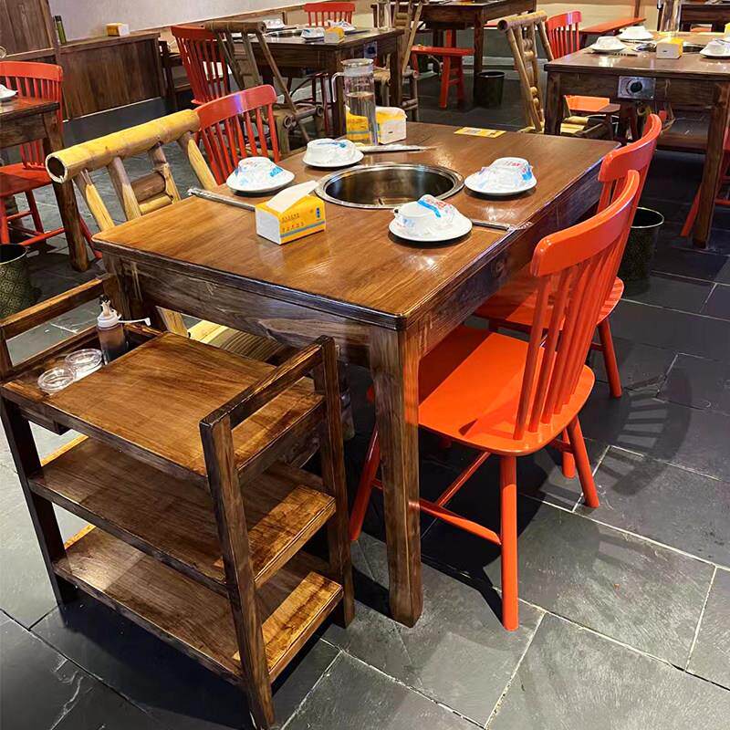 实木大理石火锅桌子电磁炉一体商用燃气灶岩板火锅串串店桌椅组合