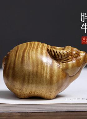 天然老料金丝楠木胖牛满水波纹实木招财生肖牛手把件文玩摆件挂件