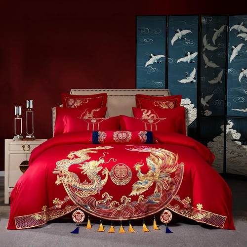 83n140支长绒棉婚庆四件套大红龙凤刺绣喜被新结婚房嫁床